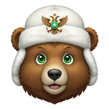 Cute brown bear face with bright green eyes wearing white fluffy ushanka hat with detailed Russian double-headed eagle emblem clearly visible in center, iOS emoji style sticker