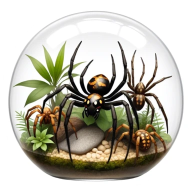 Collage of various spiders, including tarantulas and other exotic species, in a glass terrarium with webs and natural décor. Close-up shots of their intricate legs, eyes, and fuzzy bodies. Soft lighting, transparent background. sticker