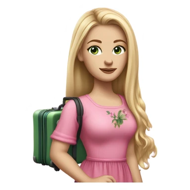 Realistic White girl with Long straight blonde hair and green eyes, tattoos, full body wearing pink dress, holding pink luggage sticker