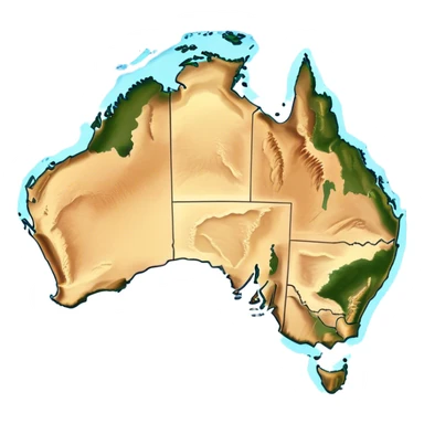 Outline and Landmass of Australia – map of Australia, featuring its distinct coastline and iconic landmass shape. The deep blue ocean surrounds the golden-brown continent, with subtle topographic details highlighting its vast deserts, lush forests, and rugged coastline. A soft glow accentuates the edges, making the shape unmistakable. sticker