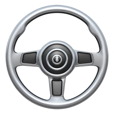 A futuristic steering wheel emoji made of silver chrome, minimal geometric design, smooth metallic surface, soft reflections, iOS emoji style, centered, clean white background sticker