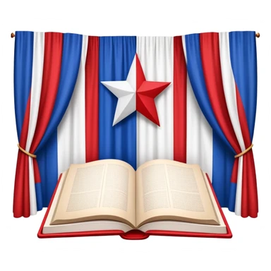 Book of theatrical set design with cover designed like the Puerto Rican flag, red and blue stripes with white star, theater curtains visible on pages sticker