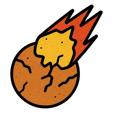 minimalist icon of a meteor falling into and destroying a planet, worn distressed effect sticker