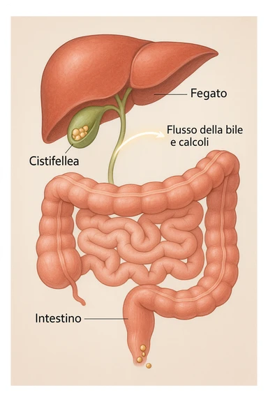 A realistic, educational medical illustration showing the human digestive tract focusing on the liver, gallbladder, bile ducts, and intestines. The gallbladder is depicted with small gallstones inside. A soft glowing arrow indicates the flow of bile and small stones moving naturally from the gallbladder through the bile ducts into the intestines. In the colon, small softened gallstones are shown being prepared for elimination, symbolizing their removal through bowel movements. The style is clean, precise, and clear with soft anatomical colors (greens, soft reds, and yellows) and faint glowing arrows to illustrate the process. The background is a subtle neutral gradient to keep the focus on the organs and the pathway. The image conveys the concept of natural gallstone elimination through the intestines via the stool in a clear, non-graphic, and educational way in italiano sticker