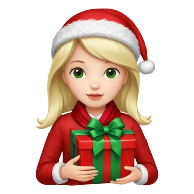 a girl wearing a chirstmas jacket and scarf and holding a christmas gift sticker