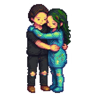 Pixelated characters hugging sticker