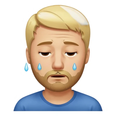 A man with short unparted blond hair hair and a short brown  beard making a weary crying  face with eyes closed sticker