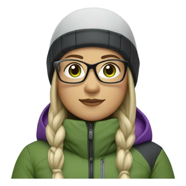 Green-eyed, chubby female skier with long straight hair, glasses, grey purple snow jacket, long black pants, black only snow boots and black skis looking cool. sticker