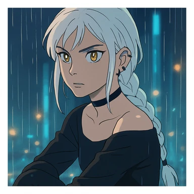 closeup portrait of young woman with gold yellow eyes, white hair in a long braid, black off-shoulder top, punk gothic style, futuristic cyberwave, sitting position, rain and glowing reflections, ghibli style sticker