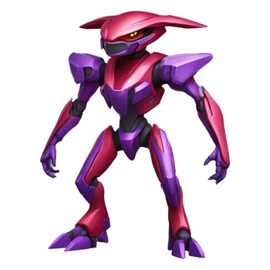 a shiny purple-red Genesect-Raptor-Fakémon—hybrid with a futuristic visor-helmet full body sticker
