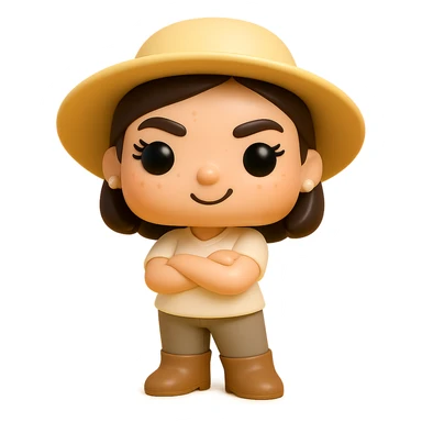 Create a Funko Pop style vinyl figure inspired by the reference image. The figure should have a cream-colored blouse, greige pants, dark beige Santiago boots, and a dark brown bob haircut tied back. Include small freshwater pearl earrings, rosy cheeks, eyelashes, light freckles, and a mischievous expression with arms crossed. No hat or other accessories. The background should be transparent. sticker