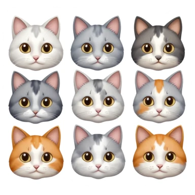 6 realistic looking cats with different natural coloured coats, assorted grey and white, greys, calico, brown and white colours etc
 sticker