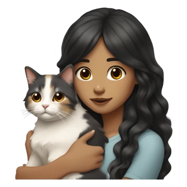 TAN SKIN GIRL with LONG BLACK WAVY HAIR and BANGS; HUGGING a LIGHT BROWN, GRAY, WHITE CALICO CAT  sticker