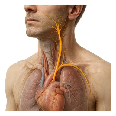realistic 4K close-up image of human neck and chest with vagus nerve highlighted, anatomical details, visible vagus nerve path, transparency on internal organs, natural colors, white background sticker