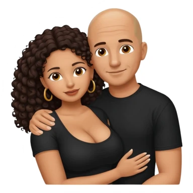 A picture of an embracing tanned couple. the man is a Mexican man with tanned skin, with a bald hair cut, and wearing a black shirt. the woman is mixed, with glasses,  with long curly dark brown hair and with big boobs. Remove the glasses from the guy sticker