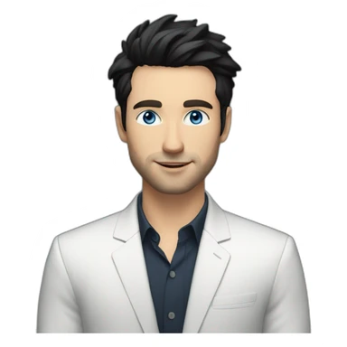 man, blue eyes, 30 year old, white skin, black hair, blazer with t-shirt, good looking sticker