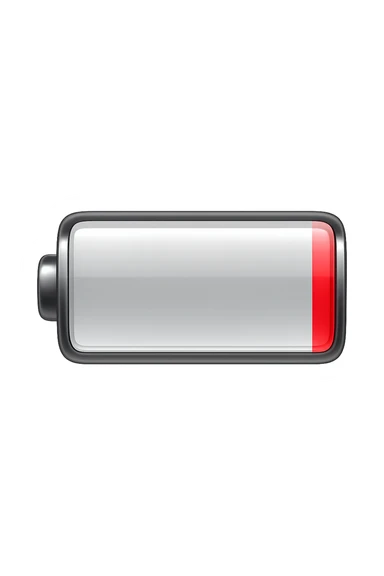 iPhone-style emoji of a battery that is almost empty, with a red bar at the end indicating low energy. Clean, minimal, glossy look, transparent background. sticker