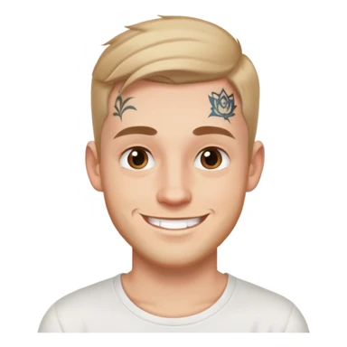 white man with small face tattoo, smiling, wearing a white t-shirt sticker