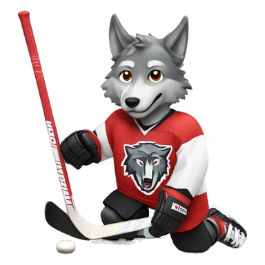 A wolf in a red black and white hockey uniform with a wolf emblem sticker