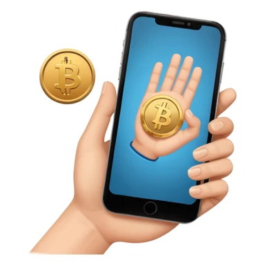 hand holding a phone showing a play icon and coin sticker