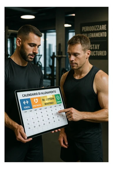 realistic cinematic photo a personal trainer and a client stand in a modern gym, reviewing a large, color-coded training calendar or chart on a tablet. The calendar shows different phases (Forza, Ipertrofia, Resistenza, Recupero) with icons and dates. Around them, gym equipment and motivational posters reinforce the idea of structured, periodized training. in italiano sticker