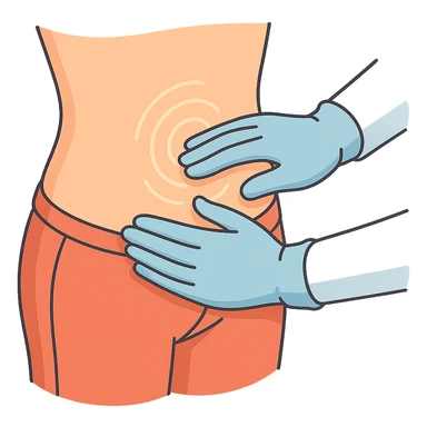 Close-up of a human abdomen with a doctor wearing gloves palpating it. Fingers gently pressing on the abdomen with pressure points highlighted by light circles or waves. The person is wearing pants, side view, 2D isometric style, very detailed, soft rounded shapes, clean contours, pastel palette, refined shadows and highlights, modern illustration, transparent background. sticker