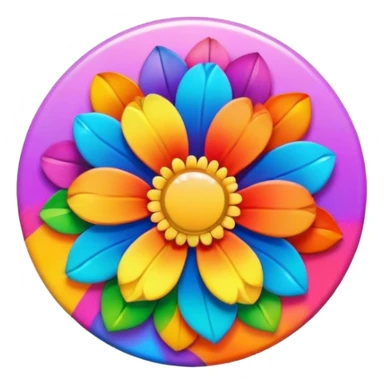A round psychedelic colored button with rainbow colored flowers in the center sticker