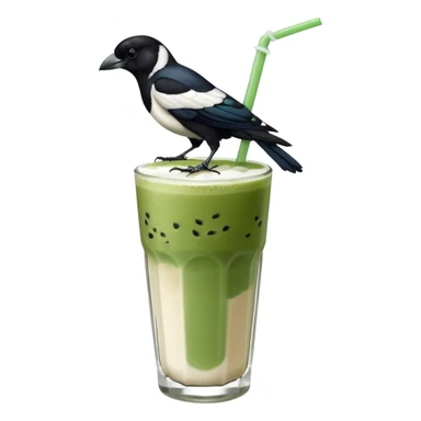It’s an Australien Magpie (just black and white feathers) sitting on an iced matcha latte on the edge of the glass. It has green matcha on its beak indicating it drank. The iced matxha latte is in a see through glass and white from the oat milk on the bottom and green on top… one straw and ice cubes sticker