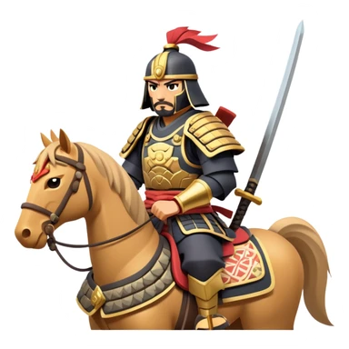 clash-of-clans-aesthetic_-cinematic-fearsome-and-majestic-samurai-bust-portrait-emoji, rendered in a flat, vector-style with minimal shading and bold, simplified shapes typical of emoji art, depicting a battle-hardened samurai with steely eyes and traditional Japanese armor, riding a noble warhorse adorned with an intricately designed saddle and fluttering banners, against a backdrop of cherry blossoms and a rising sun. sticker