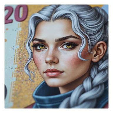 close up of a "20 crisp" banknote. futuristic, cyberpunk. stellar and planetary style designs adorn the bill. the face pictures is a woman in her 20's, gold yellow eyes, white hair in a single long braid, side of head shaved. she wears a military flight bdu sticker