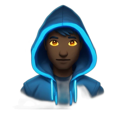 developer behind his laptop with this style : Riot Games Valorant dark blue glowing bright neon blue sparks black hooded assassin themed character sticker