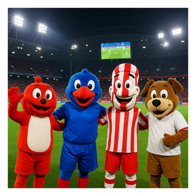 A fun, casual night scene in a modern soccer stadium: five mascots in colorful costumes stand on a green field under bright stadium lights. From left to right: red and white mascot, blue and red mascot in the center, white and red striped mascot, brown and white mascot on the far right. Red seats, a large screen with a soccer match, distant crowd, and vibrant team spirit fill the scene. sticker