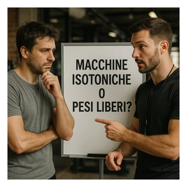 Realistic detailed scene of a man in a gym asking advice to a personal trainer, both looking at a whiteboard with Italian text 'Macchine isotoniche o pesi liberi?', atmosphere of discussion, 4K quality. sticker