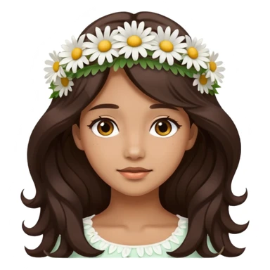 Medium skin tone female, long dark-brown hair with gentle waves, wearing a white daisy floral crown. sticker