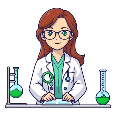 A beautiful long Auburn hair, scientist in a lab coat working with DNA, woman with green eyes glasses who has been working 12 hours straight making science wonderful sticker