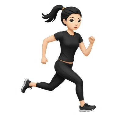 Full body showing White woman running forward to the camera black hair on a ponytail wearing black clothes sticker