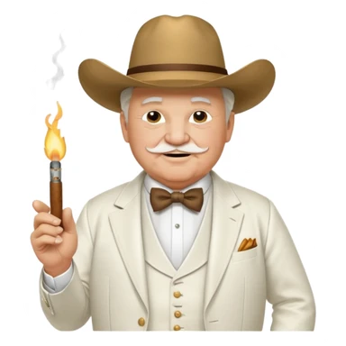 Create an emoji of an older, chubby man wearing an elegant all‑white suit with white waistcoat, white bow tie, and a large white cowboy hat. He is smirking confidently and holding a lit cigar in one hand in front of his chest. The character should look like a greedy, arrogant rich politician. sticker