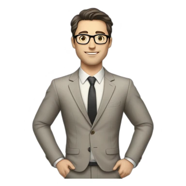 Full height Pale skinned Fit Man With dark brown hair in classic gray suit, beige office shirt, dark gray tie, and vintage glasses. His hands lock sticker