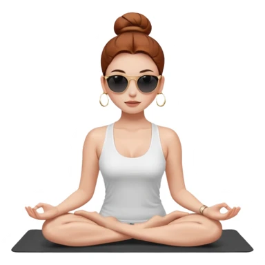 Clean girl influencer character, chest-up portrait.Sleek tight bun hair color (auburn .Natural glossy makeup, soft blush, shiny lips.Minimal white tank top, small gold hoop earrings, delicate gold necklace.Black sunglasses on head.Rolled yoga mat hanging over her shoulder. sticker