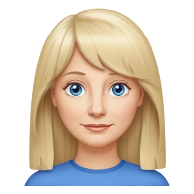 50 yr old white woman, curtain bangs, very long straight blond hair, oval face, small smile, blue eyes, thin face, hair down to elbows, round cheeks, pale sticker