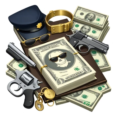 Icon for Action & Crime Reading: an open book, a revolver, handcuffs, a stack of cash. Surrounding elements include a dark alley, a police badge, and a pair of sunglasses. The icon should evoke tension, suspense, and action. Transparent background. sticker