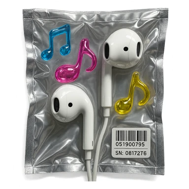 pair of white EarPods with three floating glass music notes in blue, pink, and yellow, shiny and puffy sticker