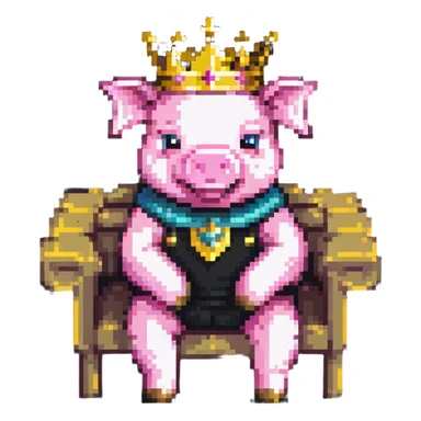 cartoon-like playful pixel art pig with a golden crown sitting on a throne, blocky and square like Minecraft, very few pixels, simple and charming sticker