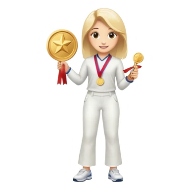 happy girl in white pants with a gold medal and a diplome sticker