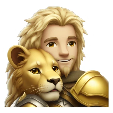 A lion leonin with golden armor hugging a blonde elf  sticker