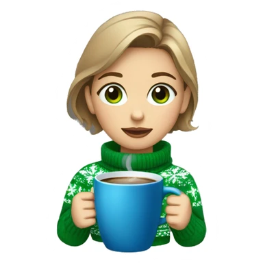 Light brown short haired girl with green eyes drinking coffee wearing blue Christmas sweater sticker
