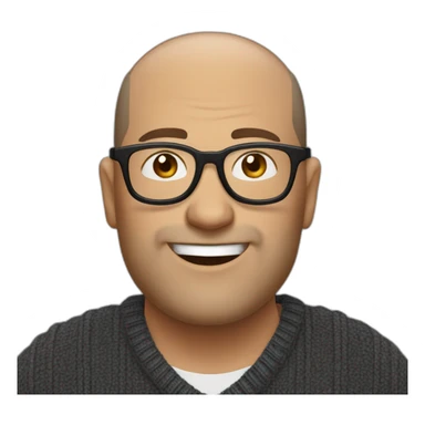 Middle age man with buzz cut salt and pepper dark hair, thick frame glasses, with a round face and broad smile, wearing a v-neck sweater sticker