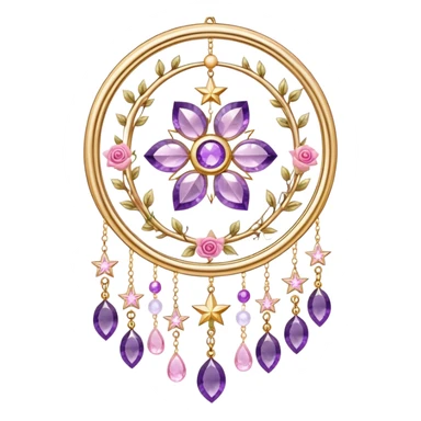 Epic beautiful gorgeous cute gold suncatcher, threads with shiny sparkly amethyst and rose-quartz gemstones, flowers, moons, stars, leaves, detailed sticker
