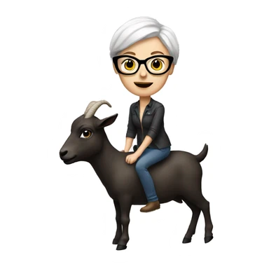 White woman with really short hair and glasses riding a goat sticker