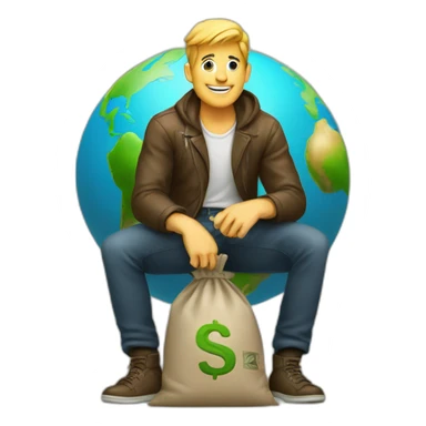 man sitting on globe with money bag sticker